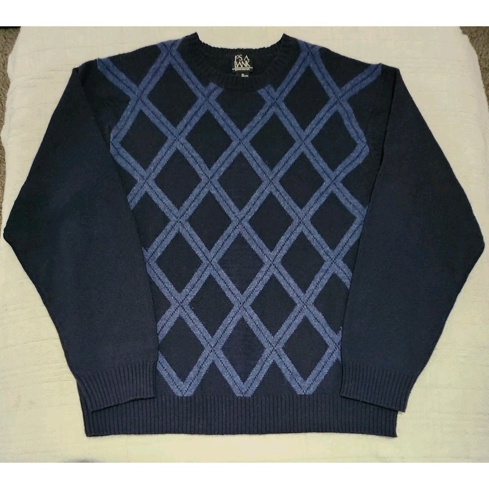 Jos A Bank Mens XL‎ Crewneck Sweater Navy Blue Wool Blend Geometric Grandpa
